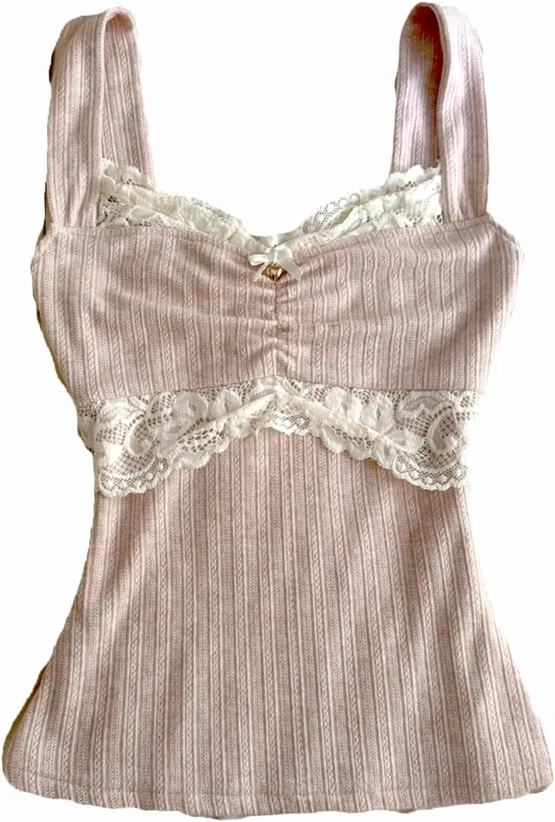 Women Y2K Vintage Lace Trim Cami Top 2000s Aesthetic Slim Fit Milkmaid Vest Cottage Crop Tank Top Coquette Clothes