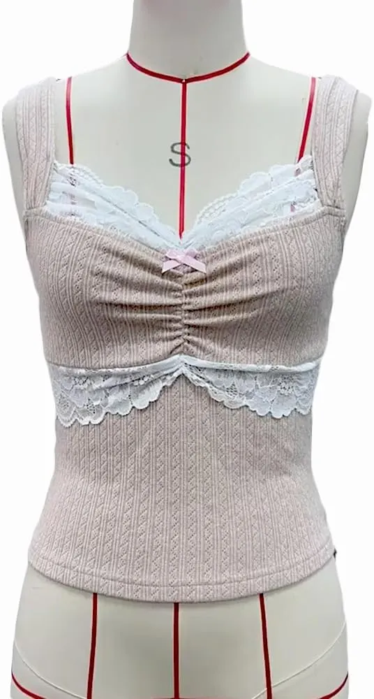 Women Y2K Vintage Lace Trim Cami Top 2000s Aesthetic Slim Fit Milkmaid Vest Cottage Crop Tank Top Coquette Clothes