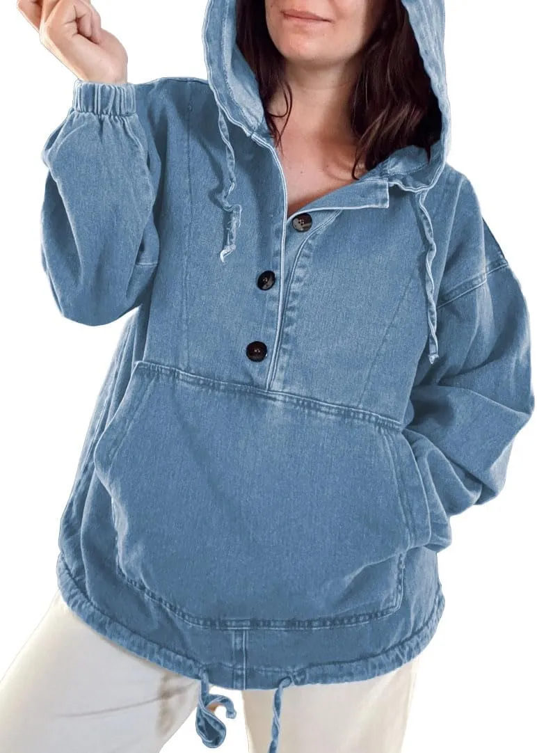 Women's Denim Hoodie Button Down Pullover Jacket Jean Sweatshirt Tops