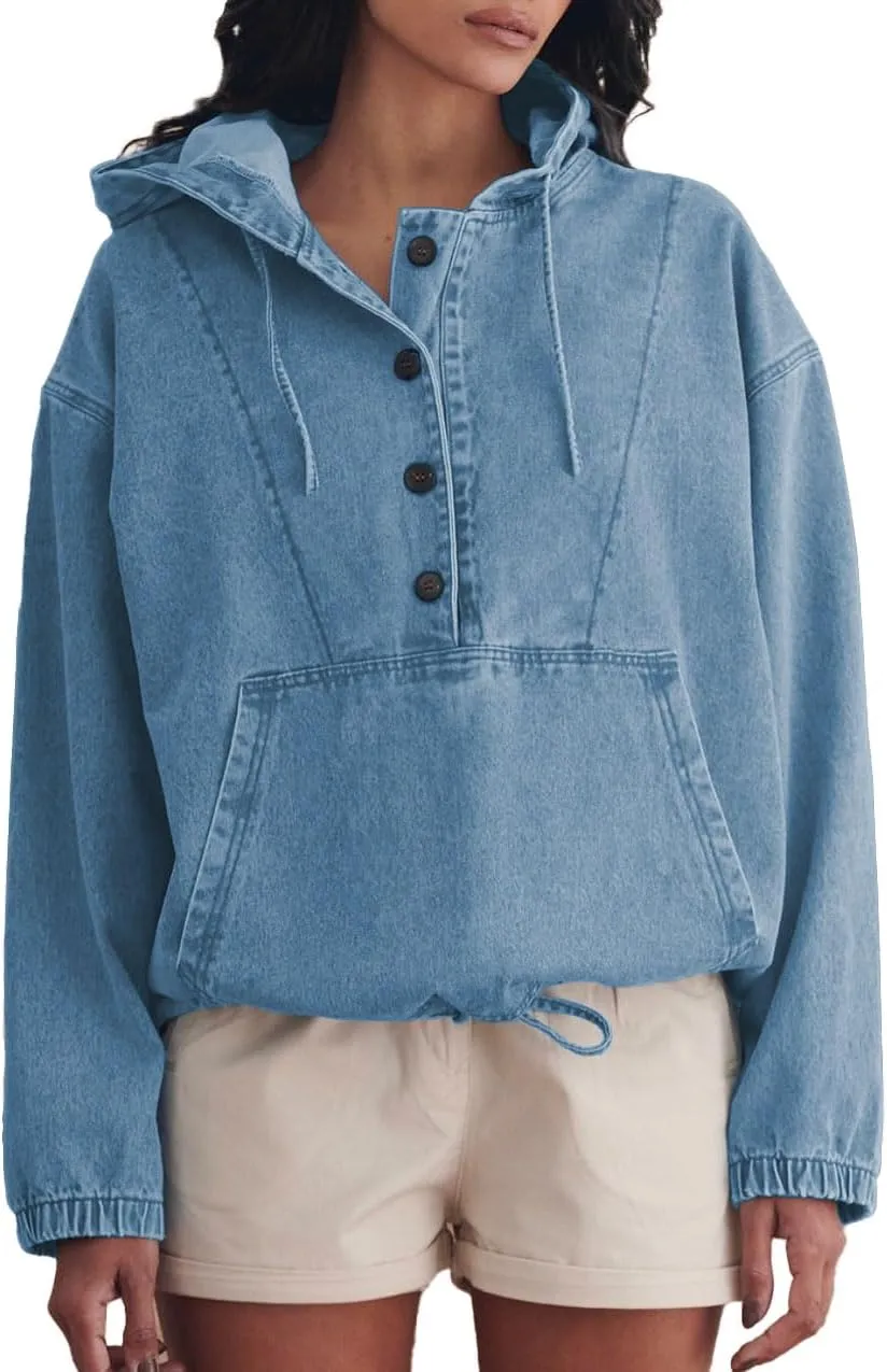 Women's Denim Hoodie Button Down Pullover Jacket Jean Sweatshirt Tops