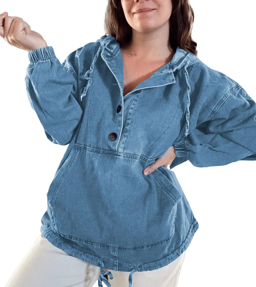 Women's Denim Hoodie Button Down Pullover Jacket Jean Sweatshirt Tops