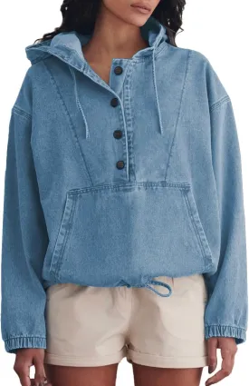 Women's Denim Hoodie Button Down Pullover Jacket Jean Sweatshirt Tops