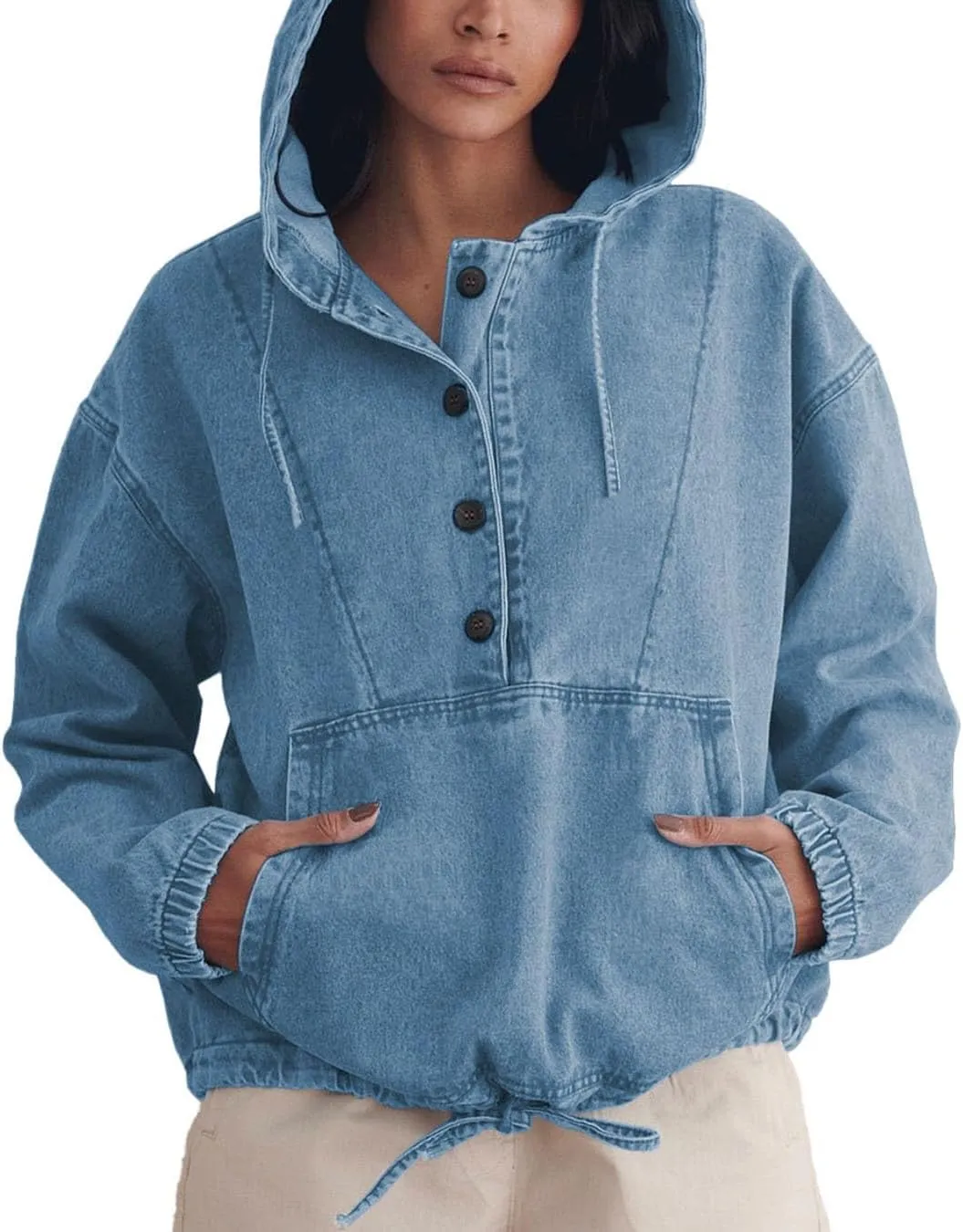 Women's Denim Hoodie Button Down Pullover Jacket Jean Sweatshirt Tops