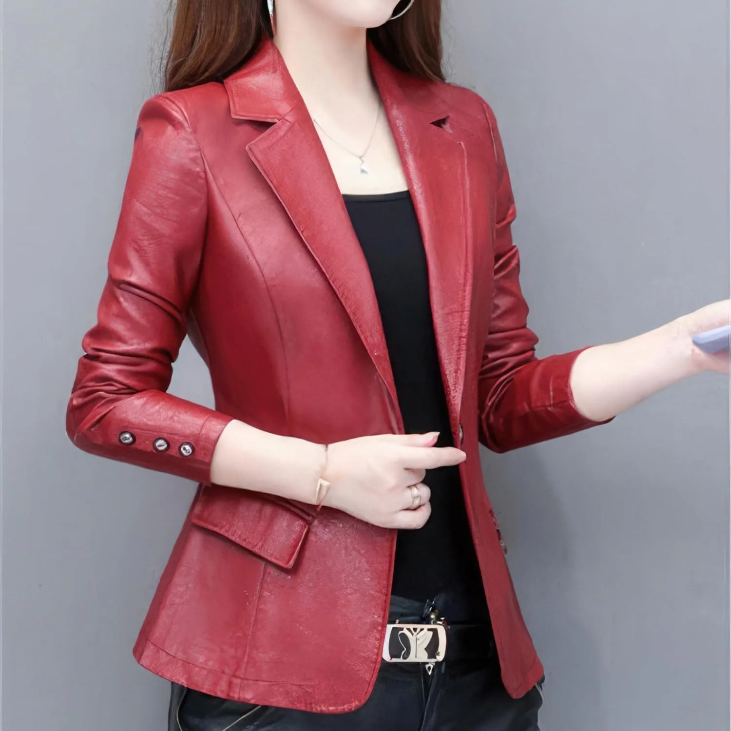 Women's Genuine Lambskin Leather Blazer With Lapel Collar