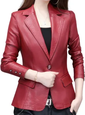 Women's Genuine Lambskin Leather Blazer With Lapel Collar